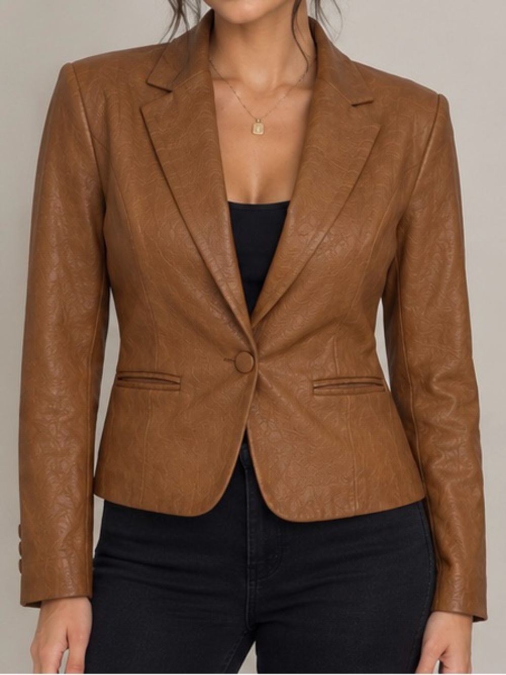 Chico’s Caramel Faux Leather Jacket 0P Petite (XS) Button Front